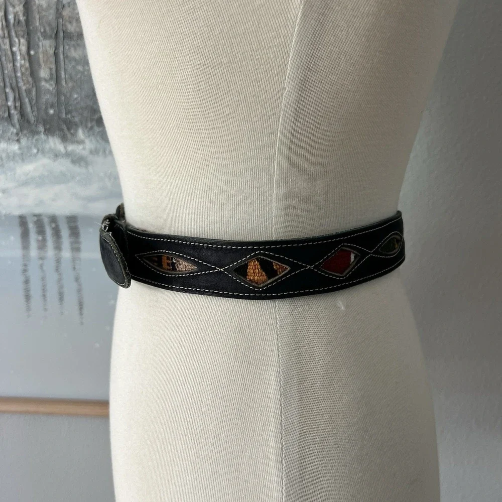 Vintage Blue Leather Southwestern Woven Inlay Belt Boho Artisan 90s Cowgirl